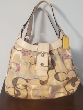 Coach Beige and Cream Signature Canvas Shoulder Bag with Buckle Accent